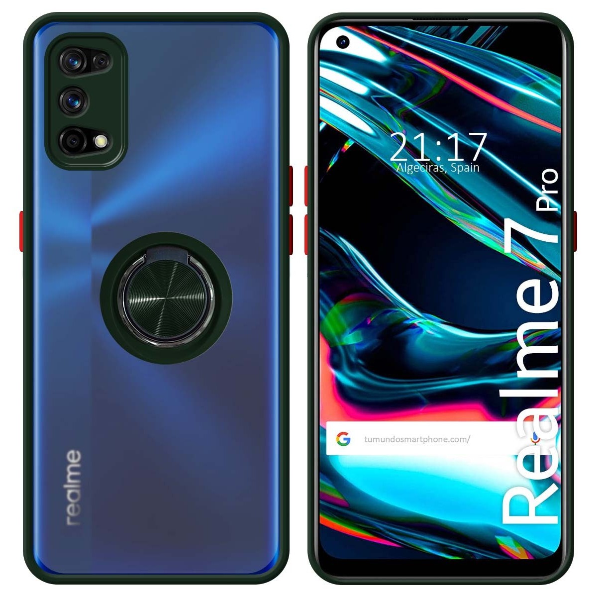 Funda Mate con Borde Verde y Anillo Giratorio 360 para Realme 7 Pro
