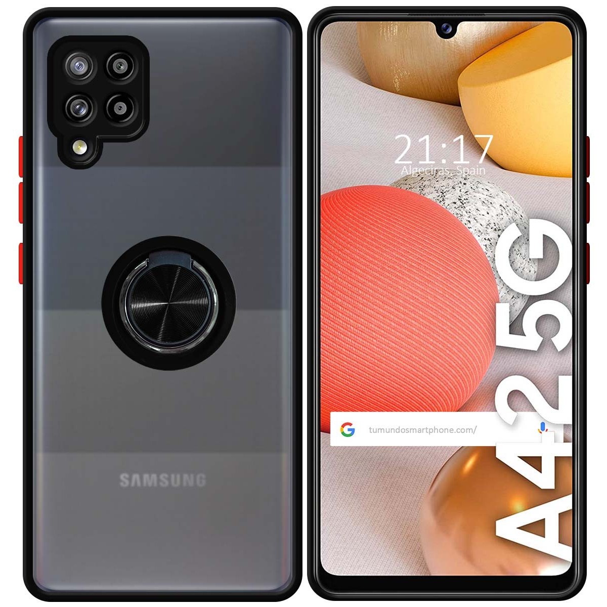 Funda Mate con Borde Negra y Anillo Giratorio 360 para Samsung Galaxy A42 5G