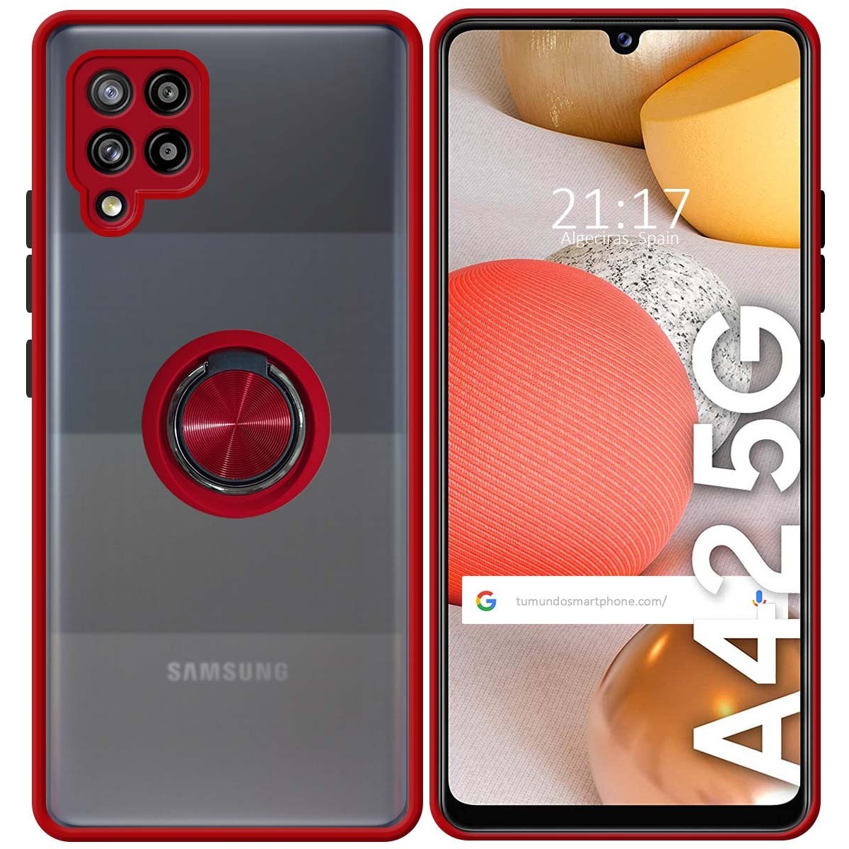 Funda Mate con Borde Rojo y Anillo Giratorio 360 para Samsung Galaxy A42 5G