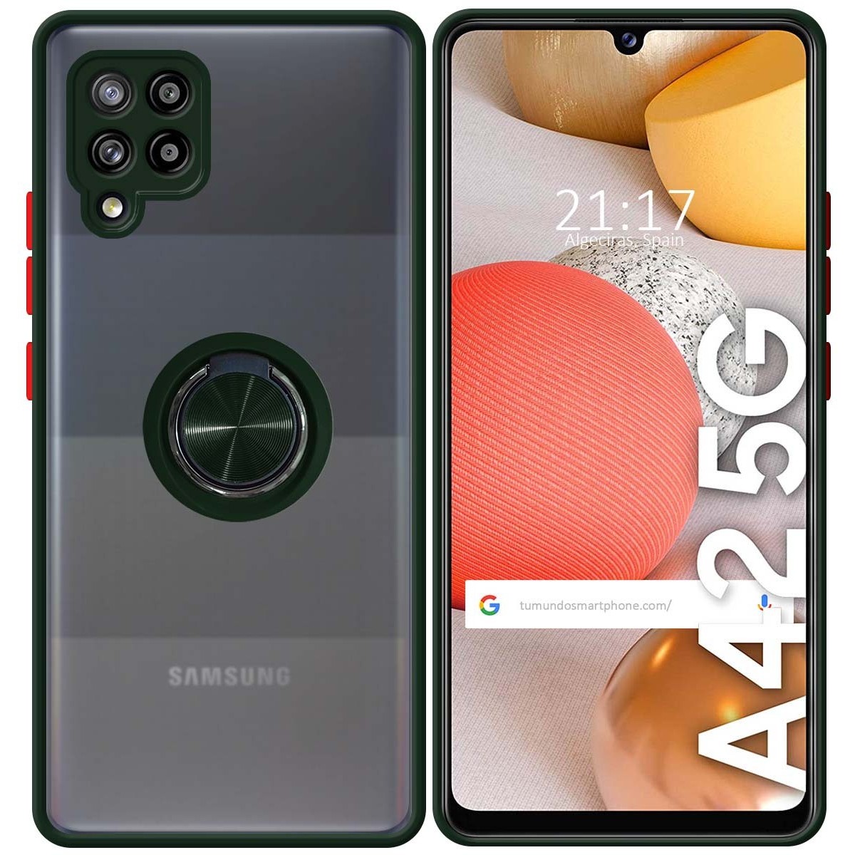 Funda Mate con Borde Verde y Anillo Giratorio 360 para Samsung Galaxy A42 5G