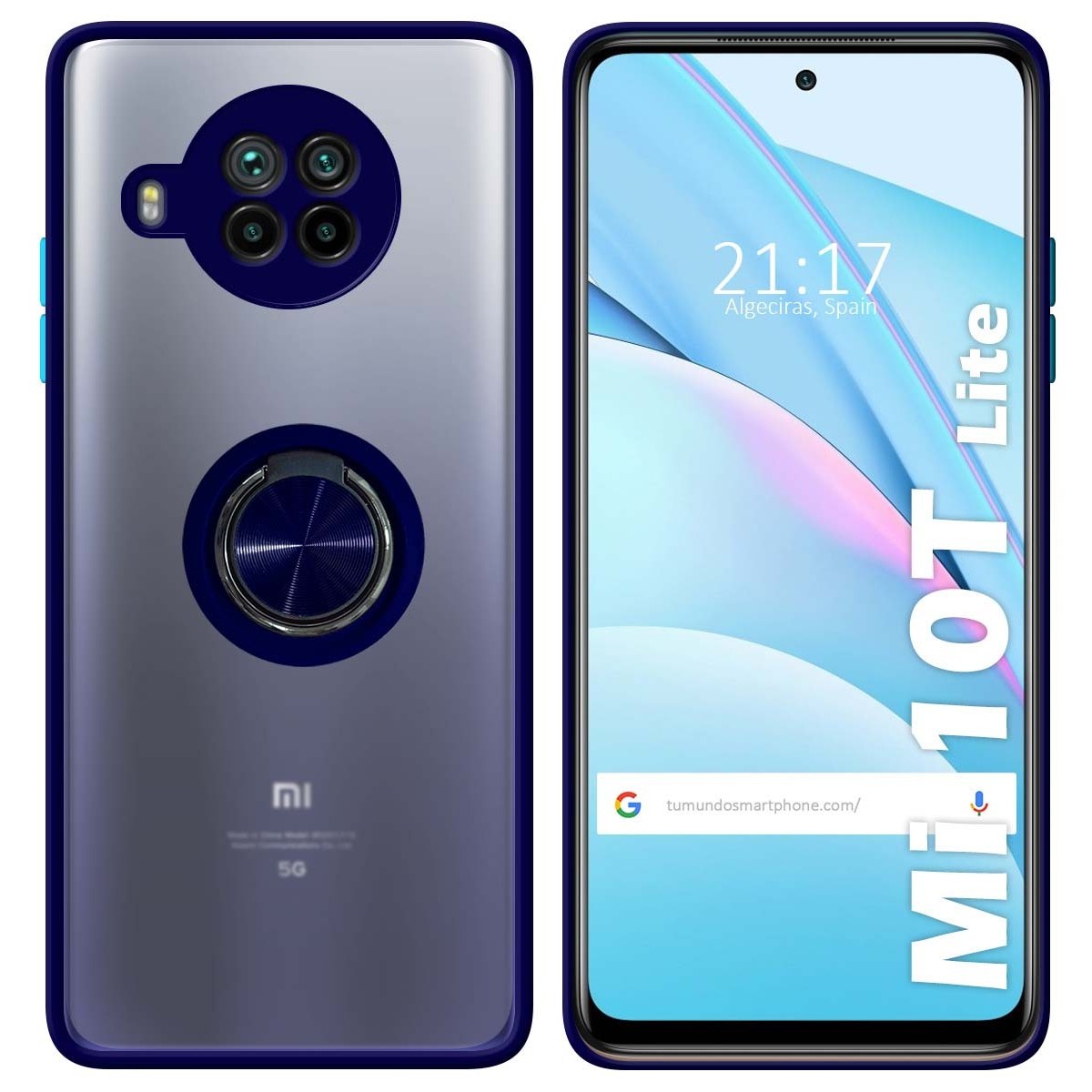 Funda Mate con Borde Azul y Anillo Giratorio 360 para Xiaomi Mi 10T Lite