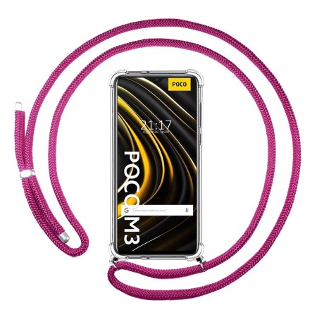 Funda Colgante Transparente para Xiaomi POCO M3 / Redmi 9T con Cordon Rosa Fucsia