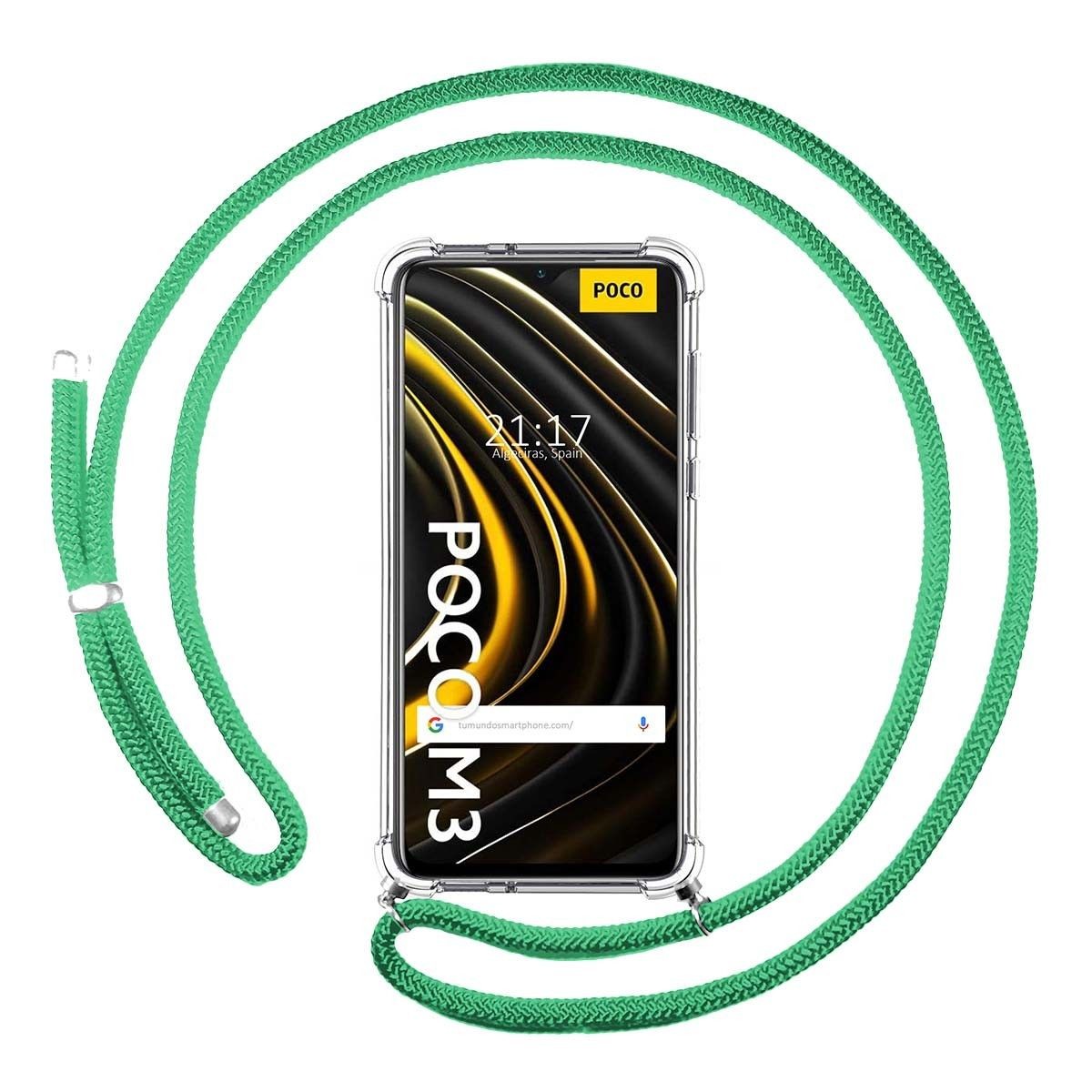 Funda Colgante Transparente para Xiaomi POCO M3 / Redmi 9T con Cordon Verde Agua