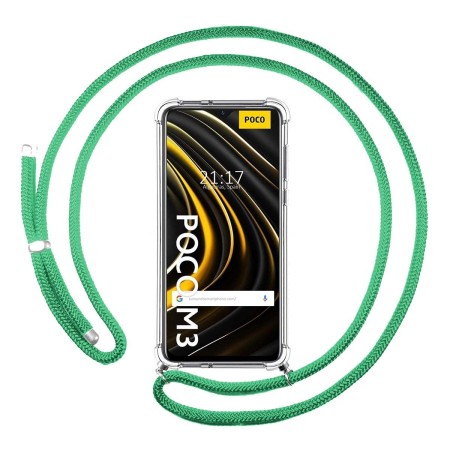 Funda Colgante Transparente para Xiaomi POCO M3 / Redmi 9T con Cordon Verde Agua