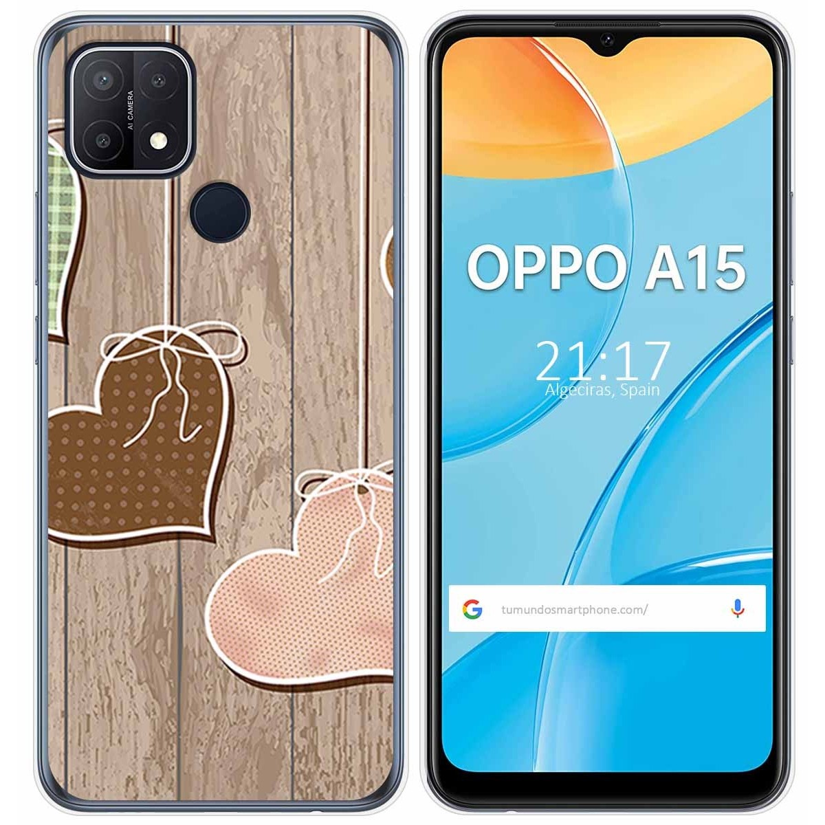 Funda Gel Tpu para Oppo A15 diseño Corazones Madera Dibujos