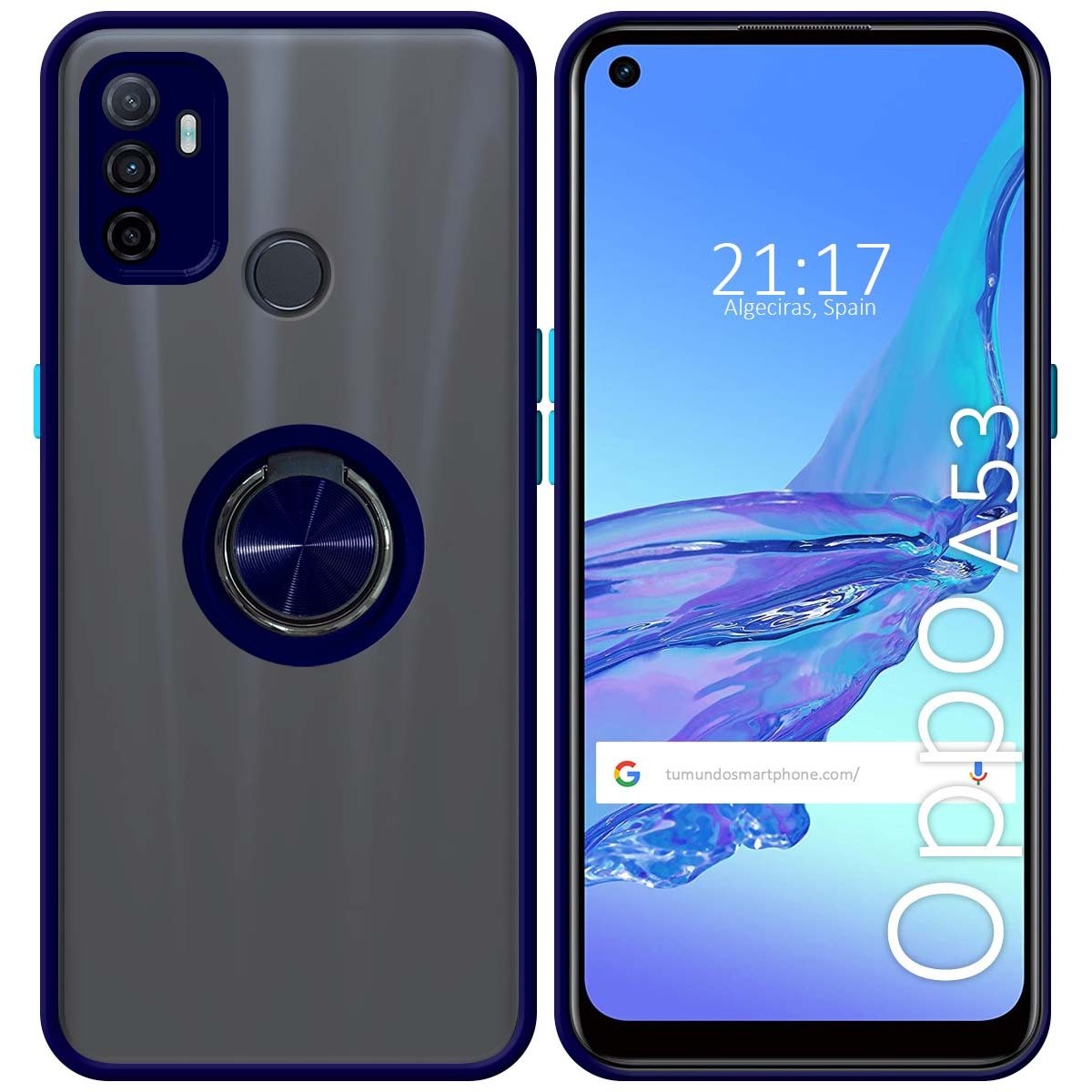 Funda Mate con Borde Azul y Anillo Giratorio 360 para Oppo A53 / A53s