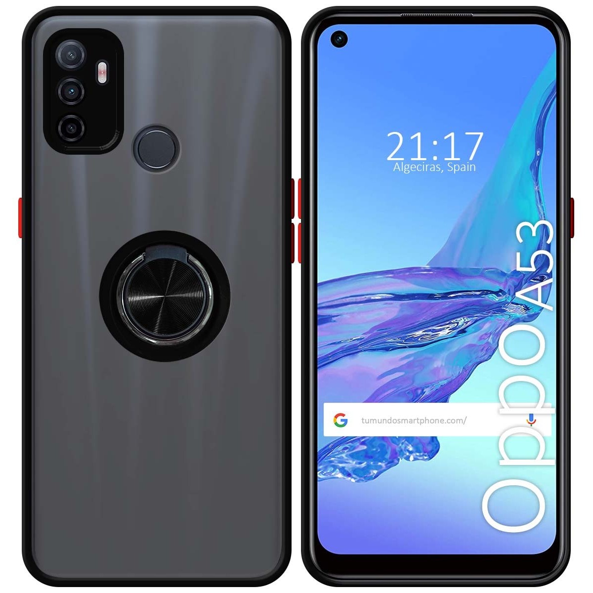 Funda Mate con Borde Negro y Anillo Giratorio 360 para Oppo A53 / A53s
