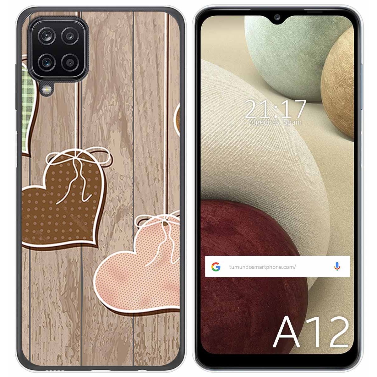 Funda Gel Tpu para Samsung Galaxy A12 / M12 diseño Corazones Madera Dibujos