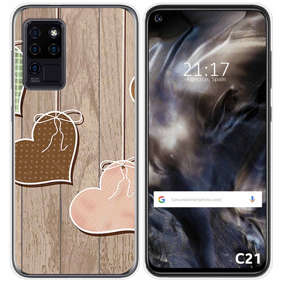 Funda Gel Tpu para Oukitel C21 diseño Corazones Madera Dibujos