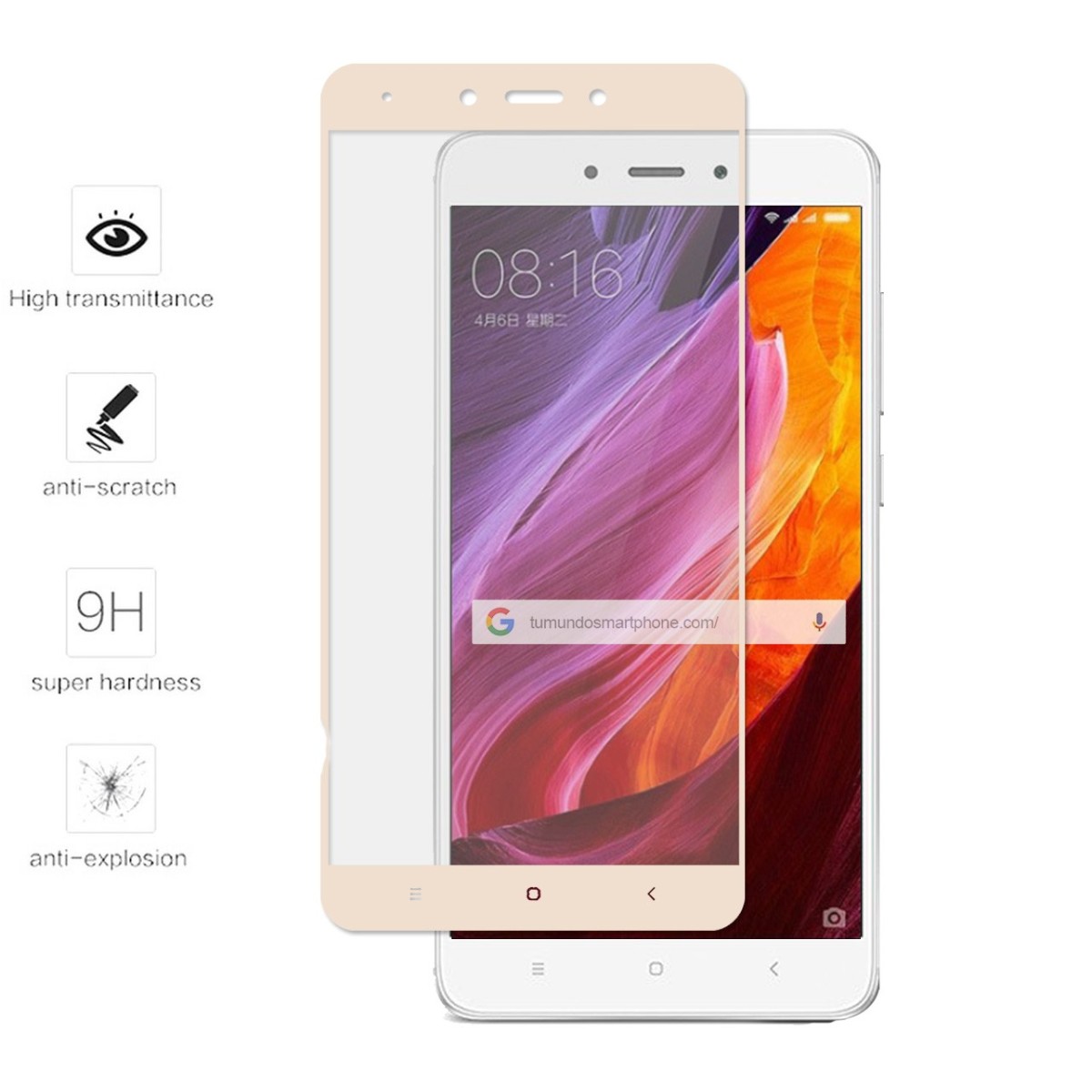 Protector Cristal Templado Frontal Completo Dorado para Xiaomi Redmi Note 4X / 4 Version Global Vidrio