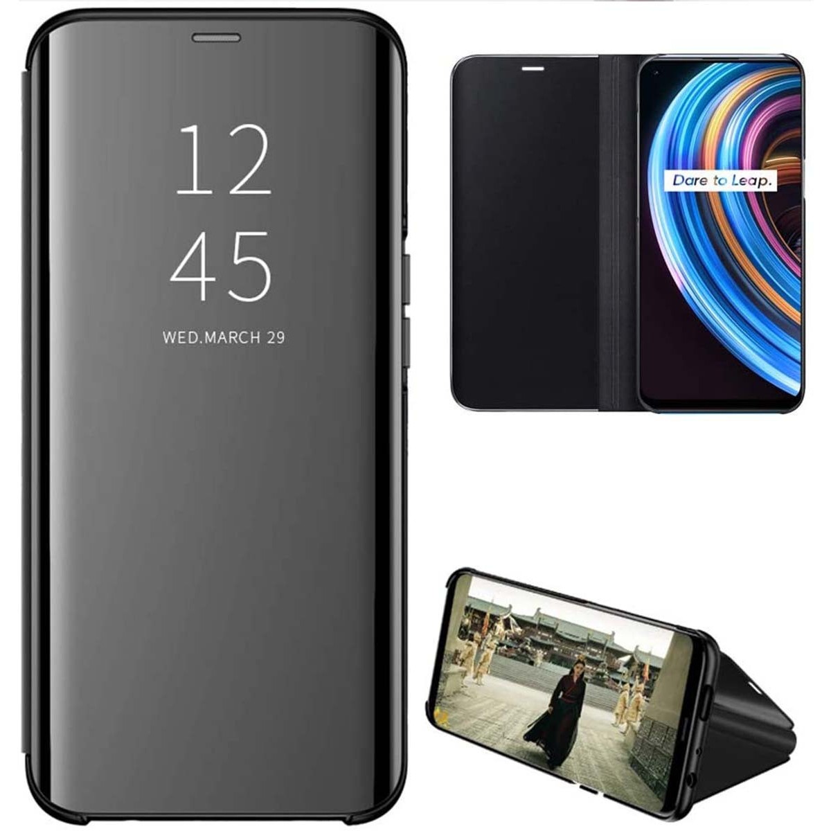 Funda Flip Cover Clear View para Realme 7 color Negra