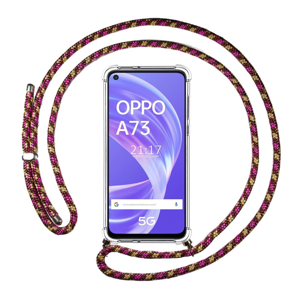 Funda Colgante Transparente para Oppo A73 5G con Cordon Rosa / Dorado