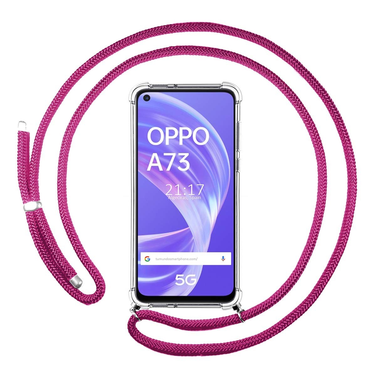 Funda Colgante Transparente para Oppo A73 5G con Cordon Rosa Fucsia