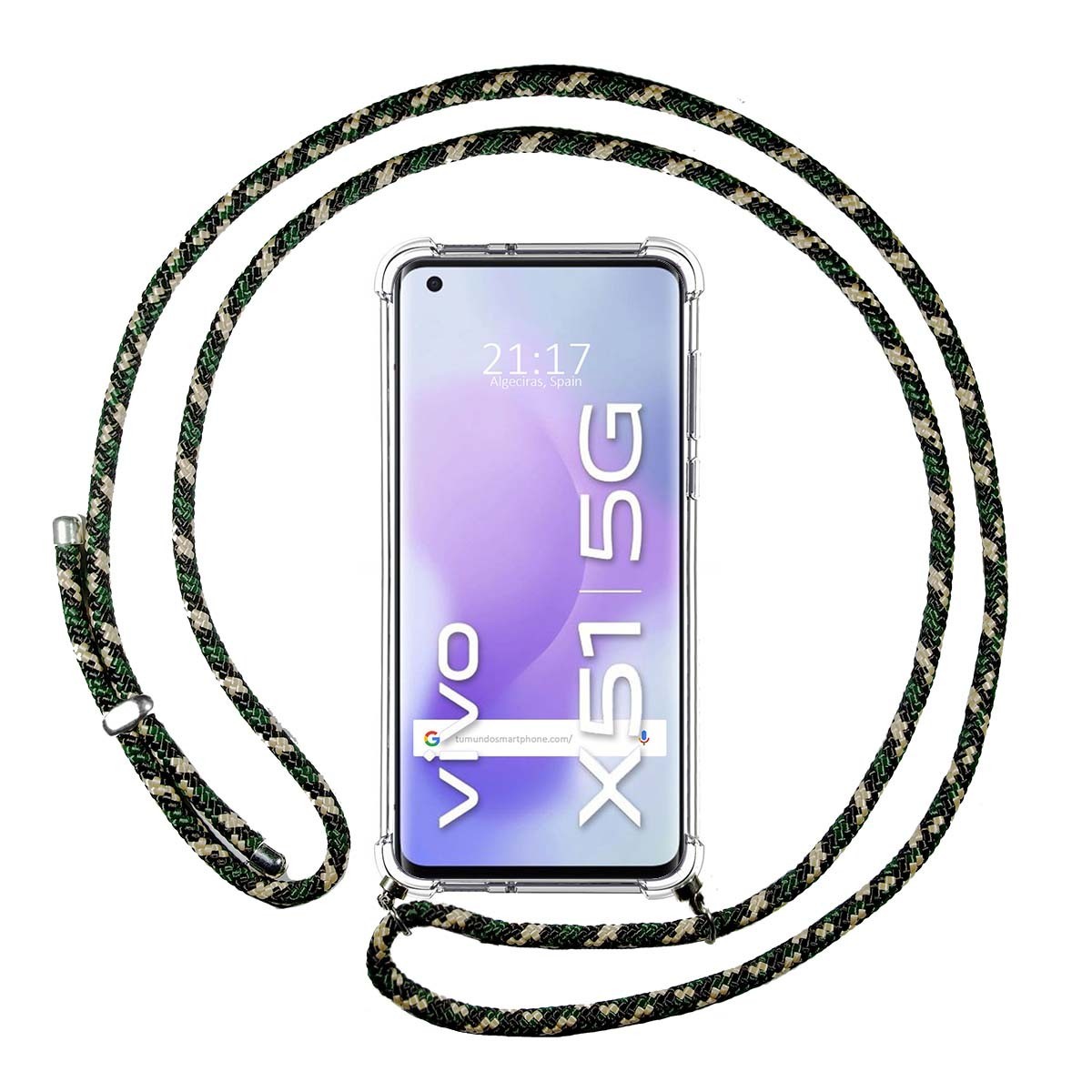 Funda Colgante Transparente para Vivo X51 5G con Cordon Verde / Dorado