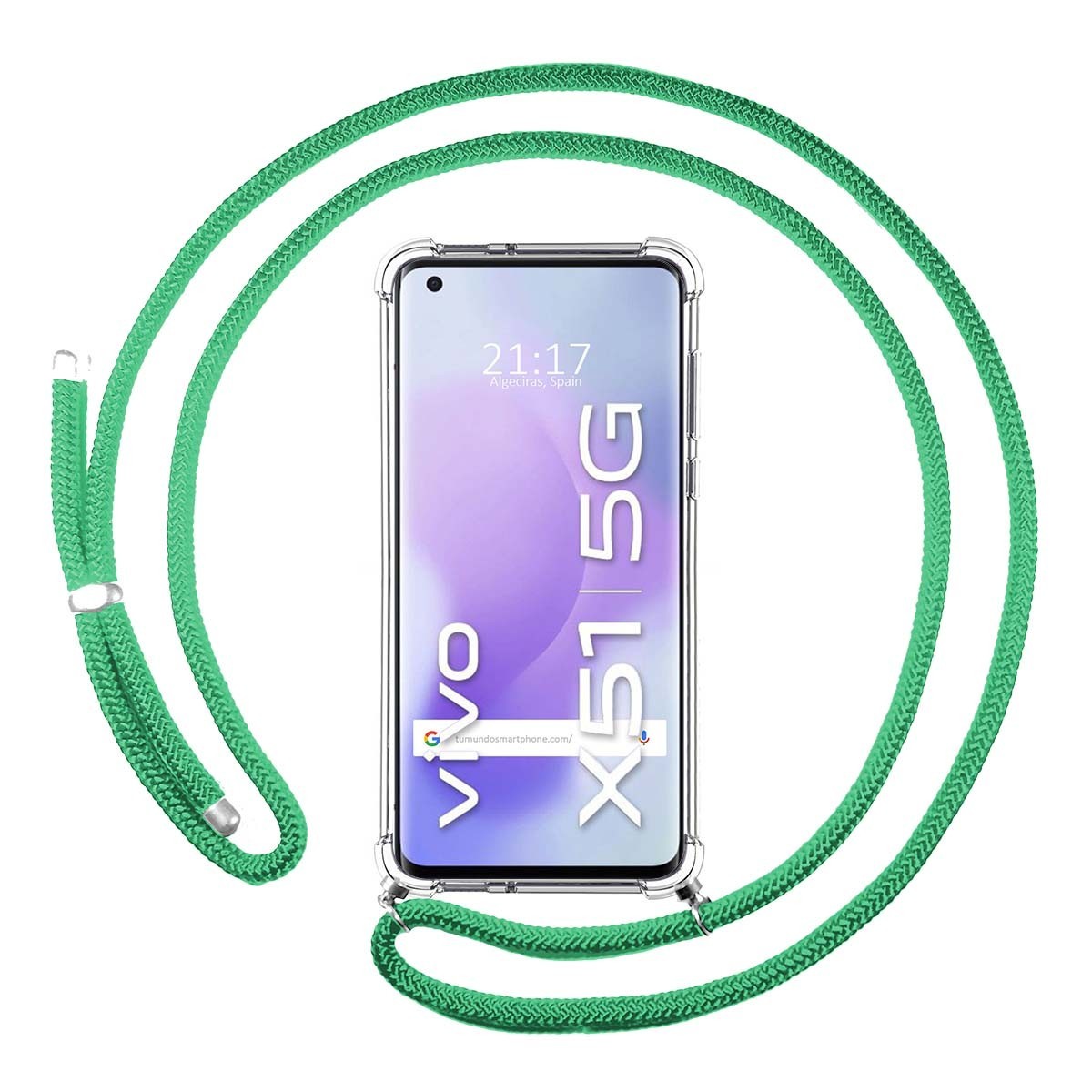 Funda Colgante Transparente para Vivo X51 5G con Cordon Verde Agua