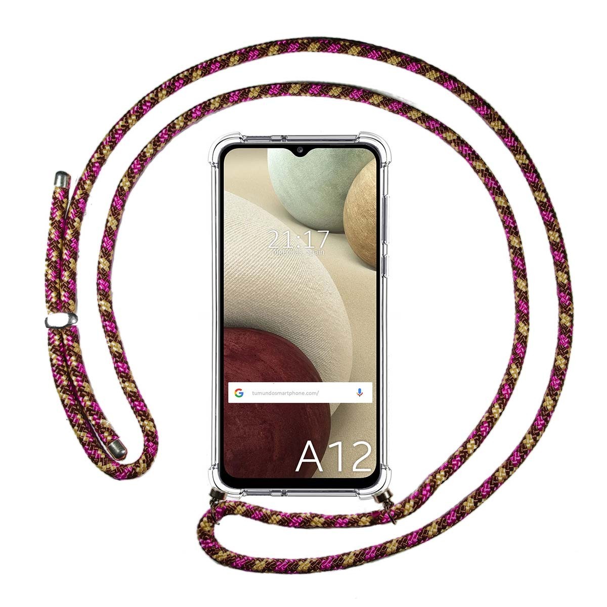 Funda Colgante Transparente para Samsung Galaxy A12 / M12 con Cordon Rosa / Dorado