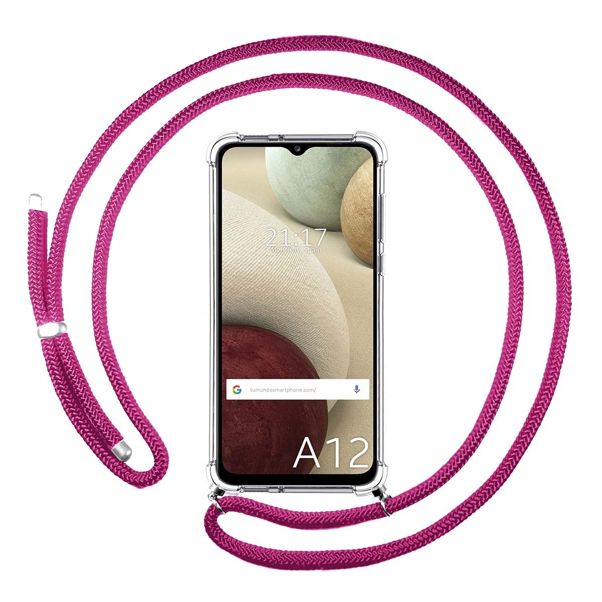 Funda Colgante Transparente para Samsung Galaxy A12 / M12 con Cordon Rosa Fucsia