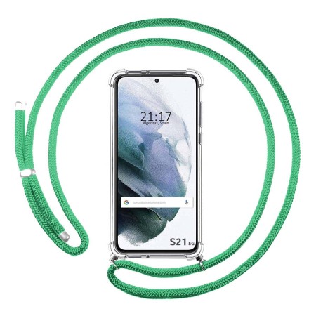 Funda Colgante Transparente para Samsung Galaxy S21 5G con Cordon Verde Agua