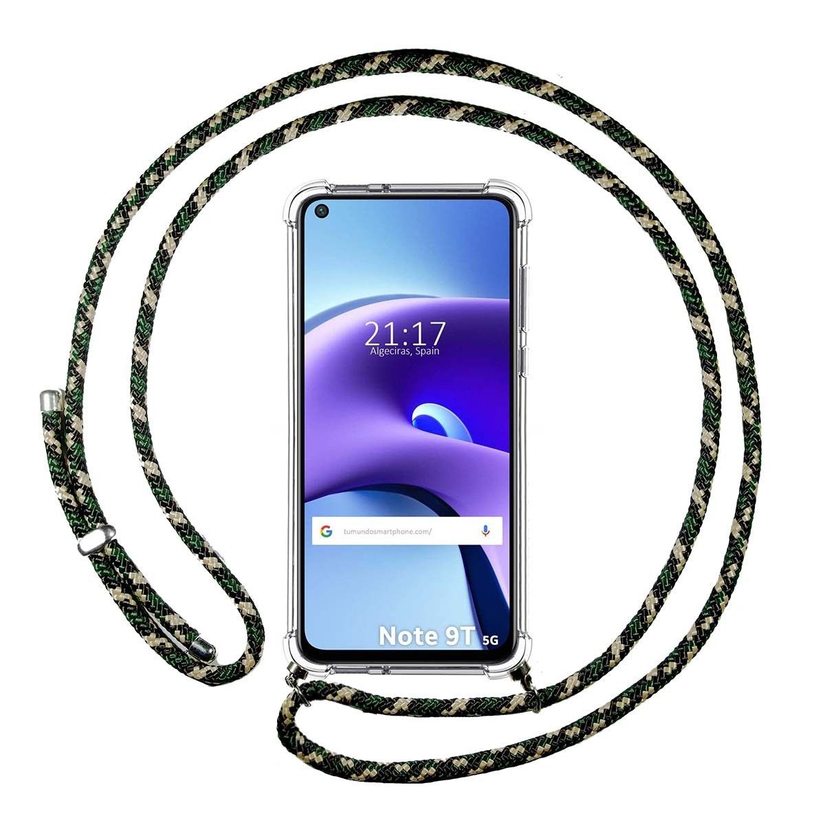 Funda Colgante Transparente para  Xiaomi Redmi Note 9T 5G con Cordon Verde / Dorado