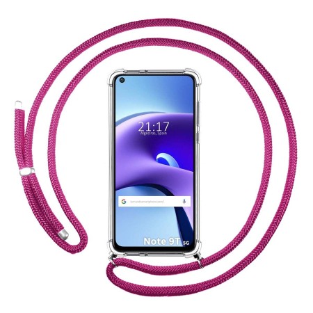 Funda Colgante Transparente para  Xiaomi Redmi Note 9T 5G con Cordon Rosa Fucsia