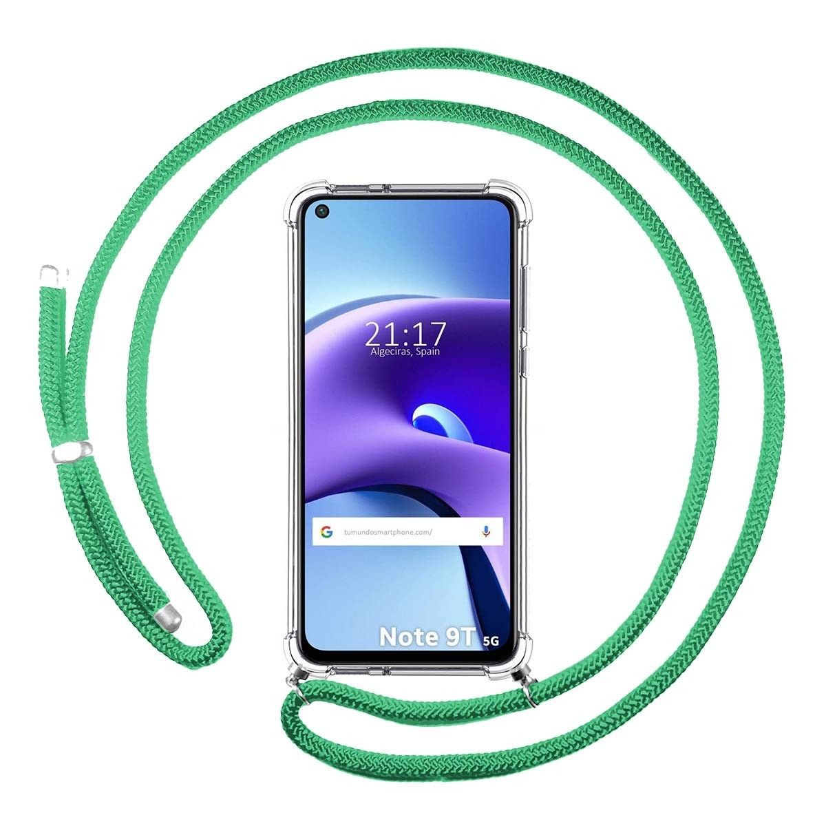 Funda Colgante Transparente para  Xiaomi Redmi Note 9T 5G con Cordon Verde Agua