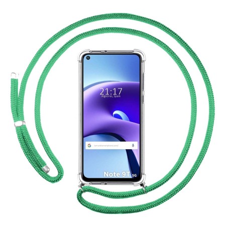 Funda Colgante Transparente para  Xiaomi Redmi Note 9T 5G con Cordon Verde Agua