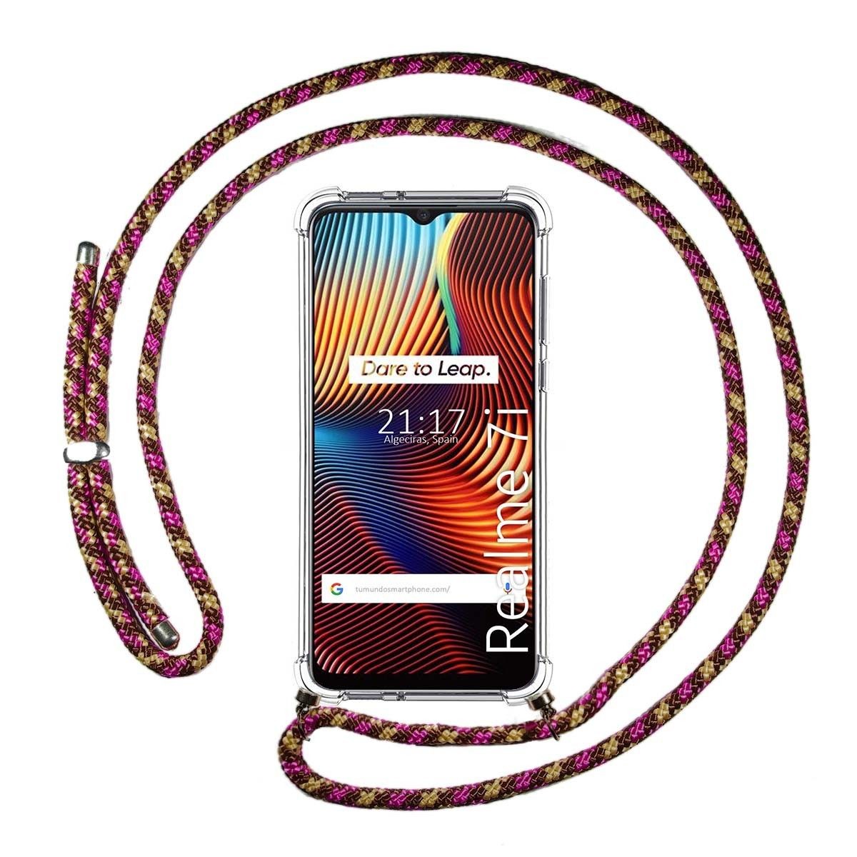 Funda Colgante Transparente para Realme 7i / Narzo 30A con Cordon Rosa / Dorado