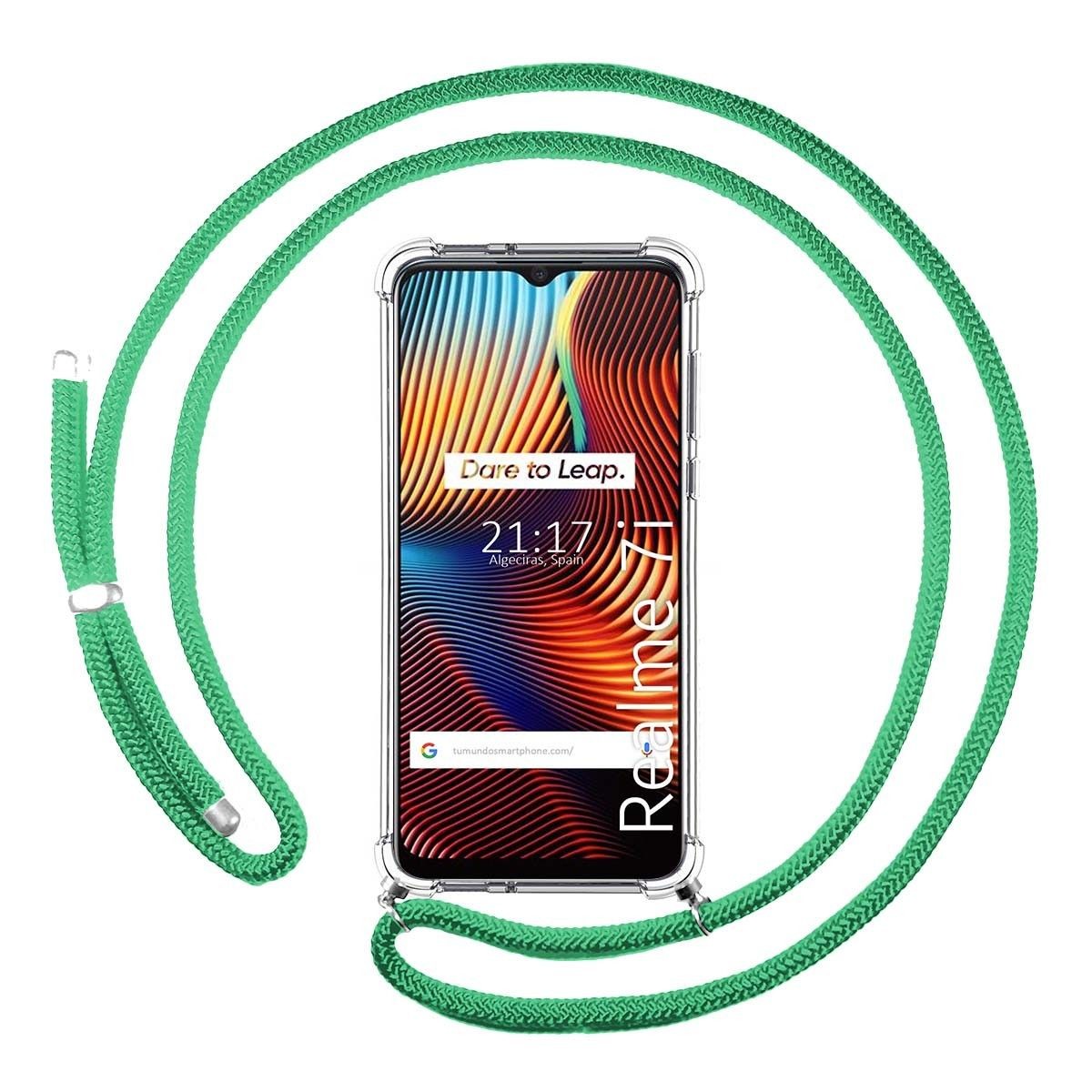 Funda Colgante Transparente para Realme 7i / Narzo 30A con Cordon Verde Agua