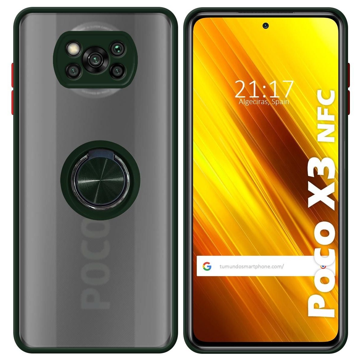 Funda Mate con Borde Verde y Anillo Giratorio 360 para Xiaomi POCO X3 NFC / X3 PRO
