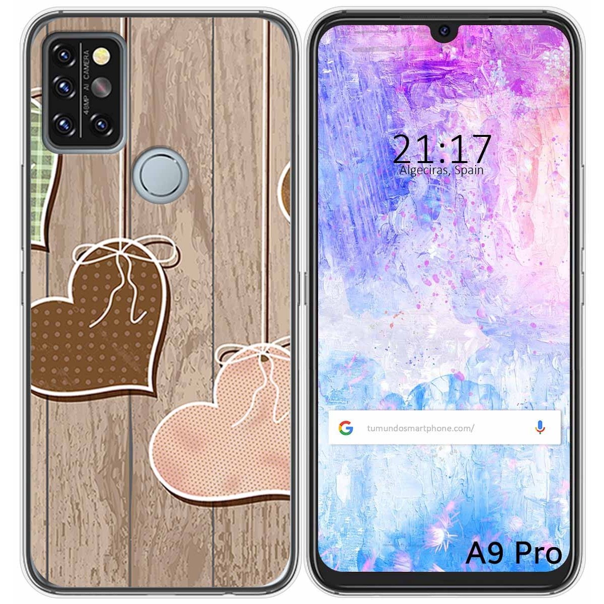 Funda Gel Tpu para Umidigi A9 Pro diseño Corazones Madera Dibujos