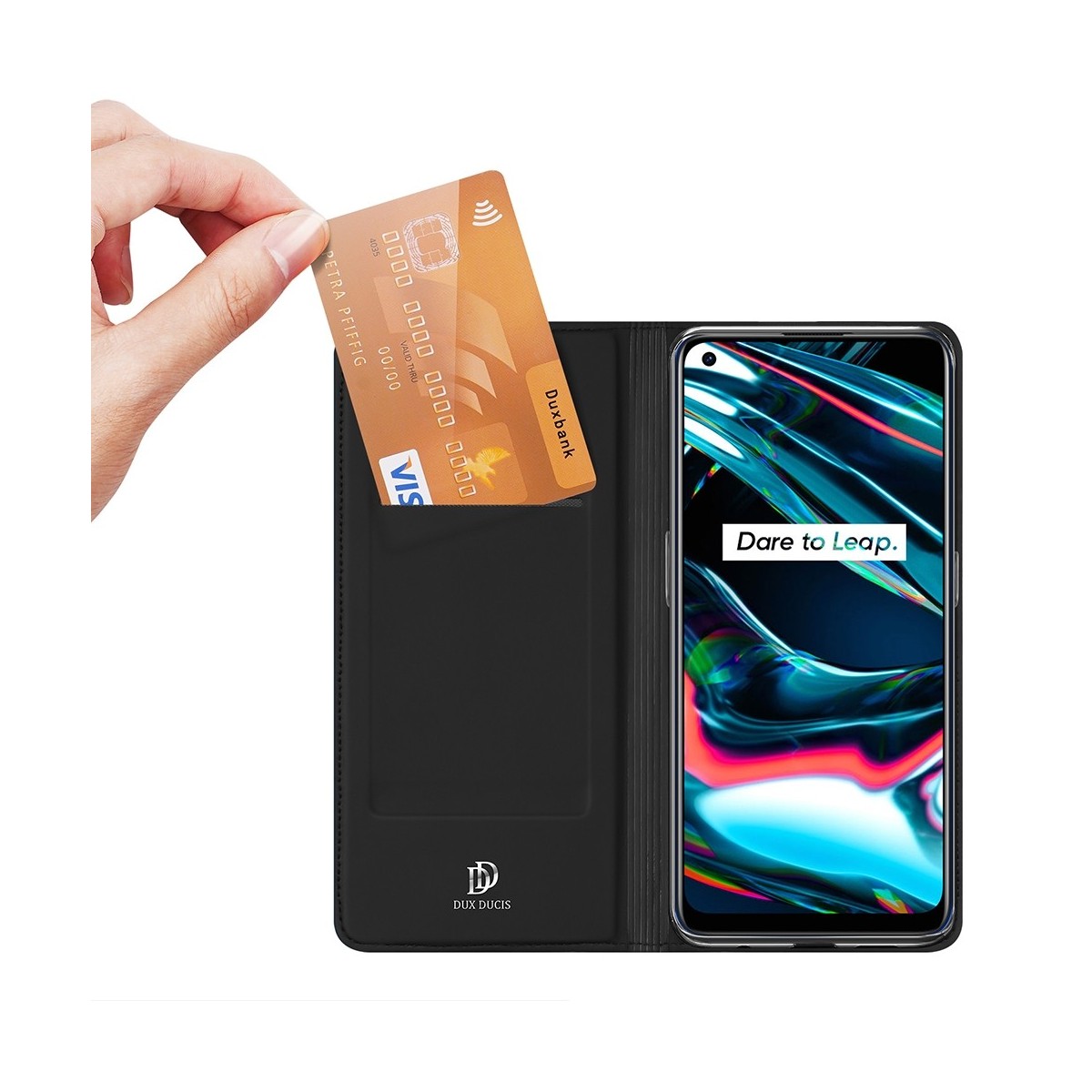 Funda Piel Soporte Magnética Dux Ducis para Realme 7 Pro color Negra