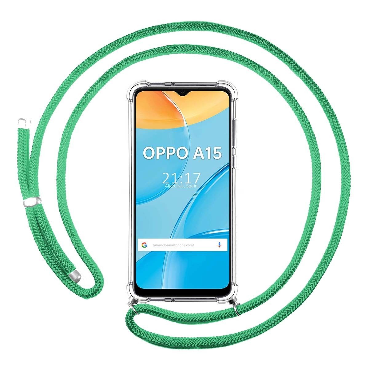 Funda Colgante Transparente para Oppo A15 con Cordon Verde Agua