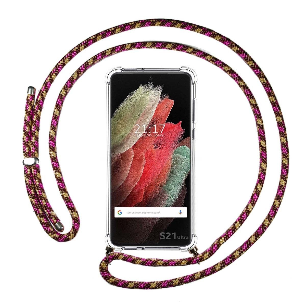 Funda Colgante Transparente para Samsung Galaxy S21 Ultra 5G con Cordon Rosa / Dorado