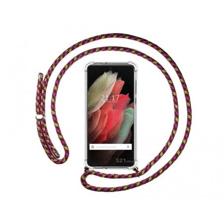 Funda Colgante Transparente para Samsung Galaxy S21 Ultra 5G con Cordon Rosa / Dorado