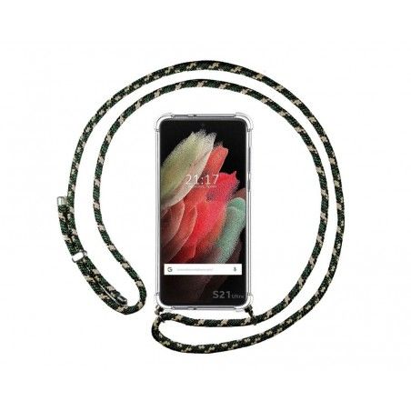 Funda Colgante Transparente para Samsung Galaxy S21 Ultra 5G con Cordon Verde / Dorado