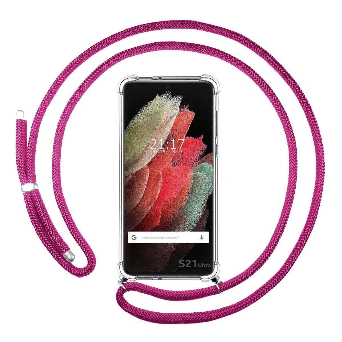 Funda Colgante Transparente para Samsung Galaxy S21 Ultra 5G con Cordon Rosa Fucsia