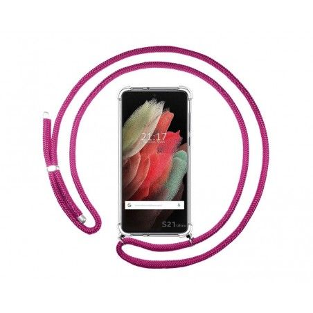 Funda Colgante Transparente para Samsung Galaxy S21 Ultra 5G con Cordon Rosa Fucsia