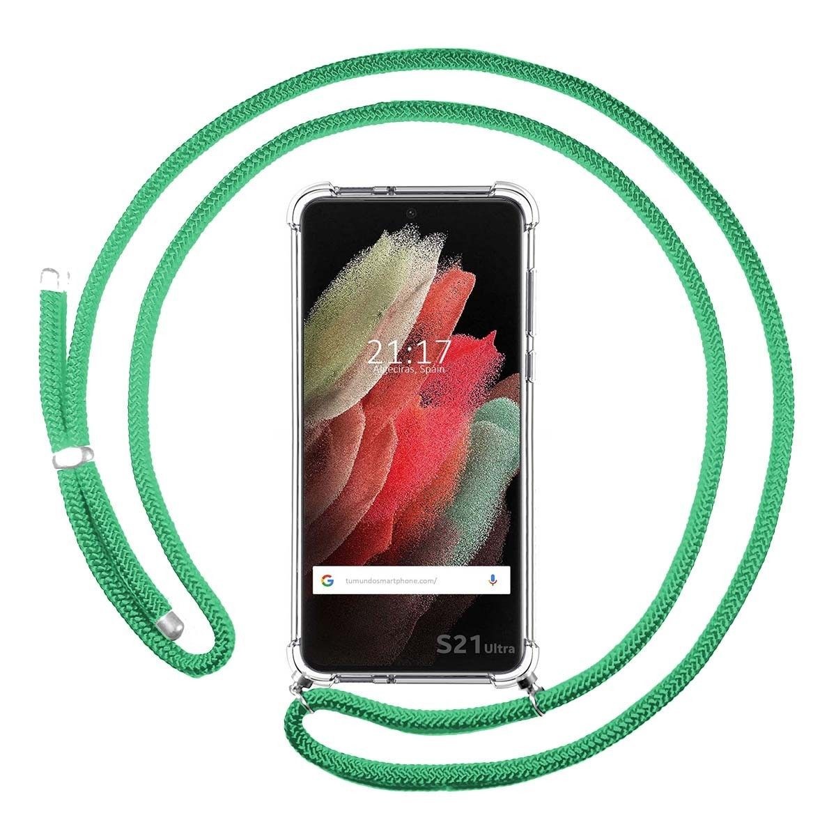 Funda Colgante Transparente para Samsung Galaxy S21 Ultra 5G con Cordon Verde Agua
