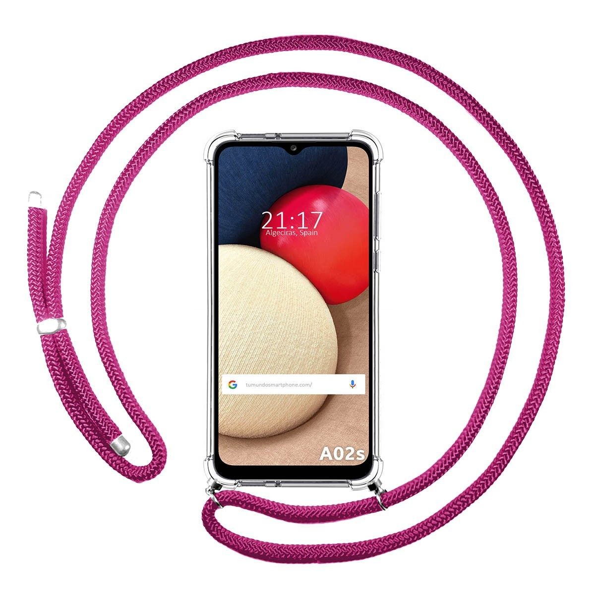 Funda Colgante Transparente para Samsung Galaxy A02s con Cordon Rosa Fucsia