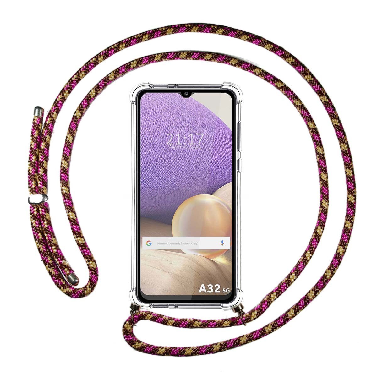 Funda Colgante Transparente para Samsung Galaxy A32 5G con Cordon Rosa / Dorado