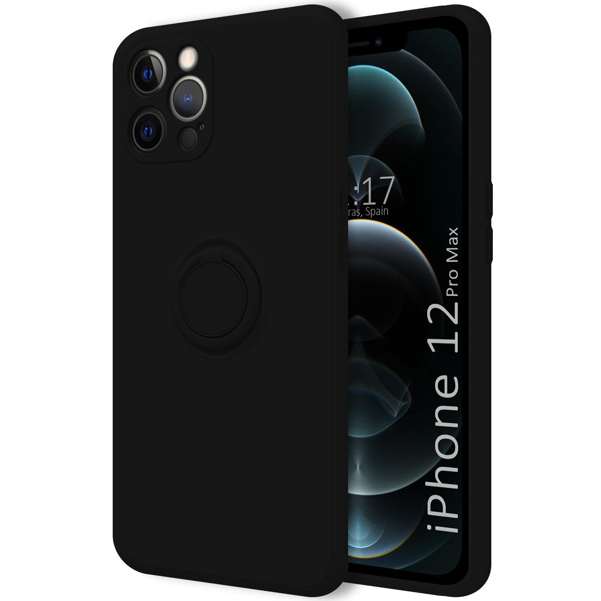 Funda Silicona Líquida Ultra Suave con Anillo para Iphone 12 Pro Max (6.7) color Negra