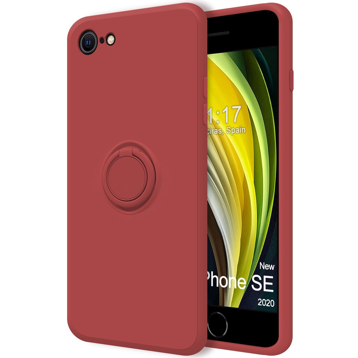 Funda Silicona Líquida Ultra Suave con Anillo para Iphone 7 / 8 / SE 2020 color Rojo Coral