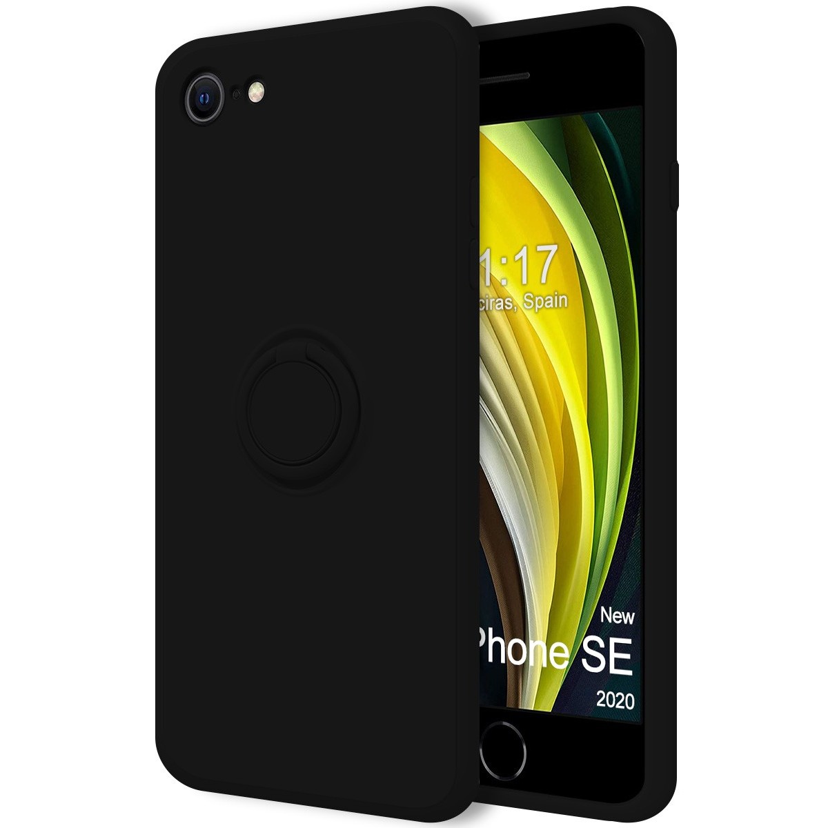 Funda Silicona Líquida Ultra Suave con Anillo para Iphone 7 / 8 / SE 2020 color Negra