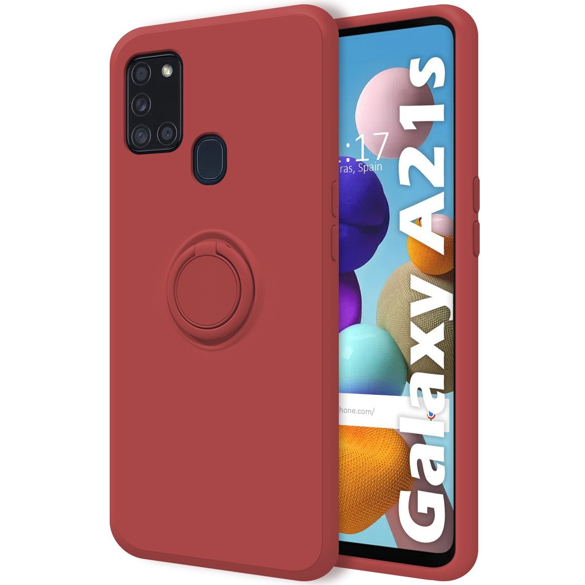 Funda Silicona Líquida Ultra Suave con Anillo para Samsung Galaxy A21s color Rojo Coral