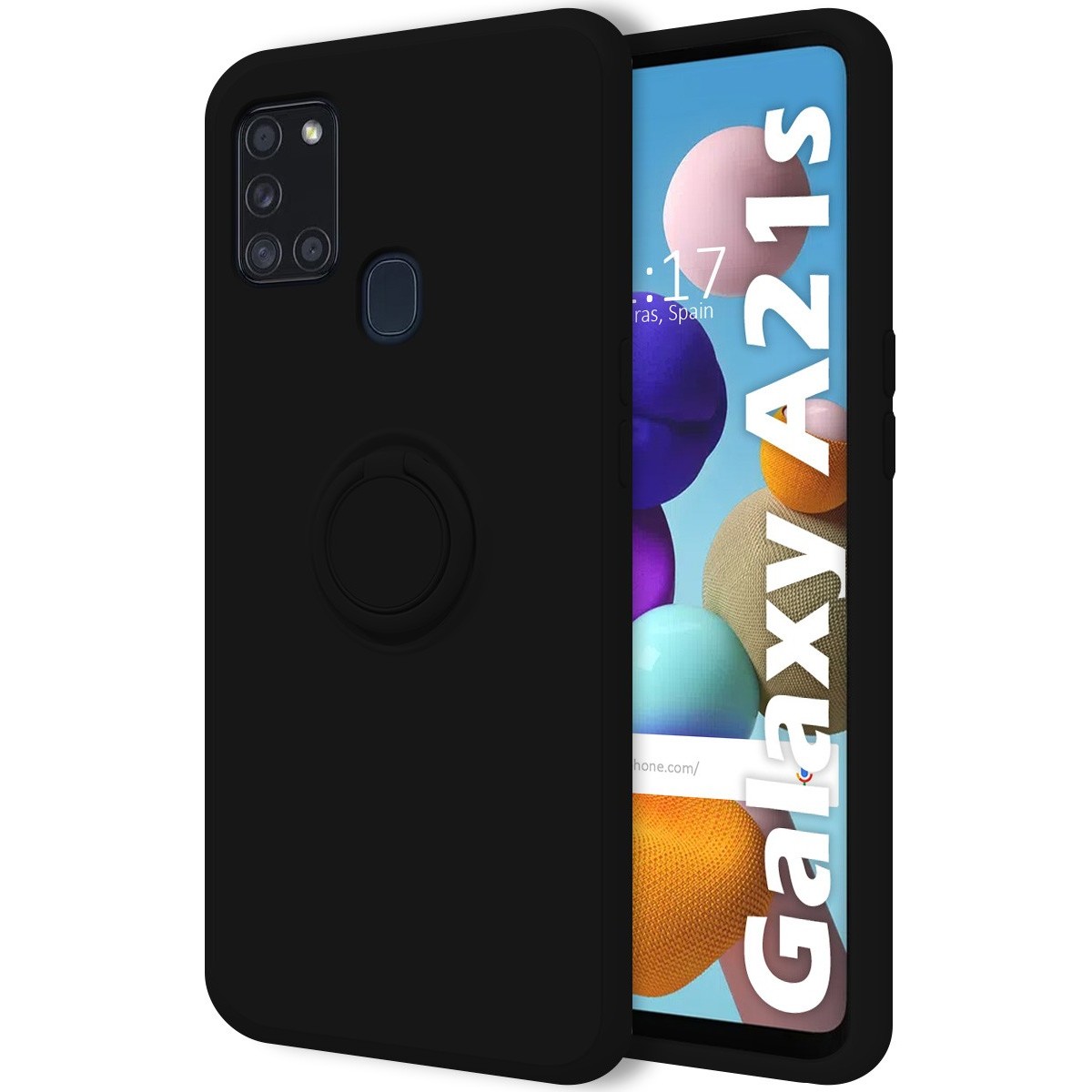 Funda Silicona Líquida Ultra Suave con Anillo para Samsung Galaxy A21s color Negra