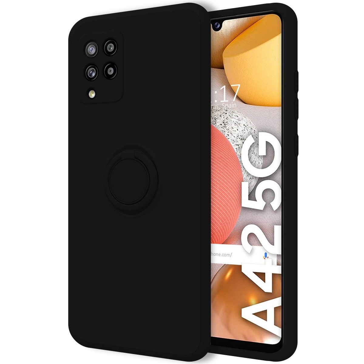 Funda Silicona Líquida Ultra Suave con Anillo para Samsung Galaxy A42 5G color Negra