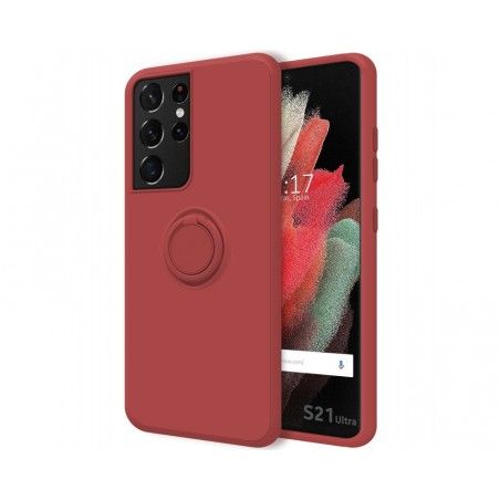 Funda Silicona Líquida Ultra Suave con Anillo para Samsung Galaxy S21 Ultra 5G color Rojo Coral