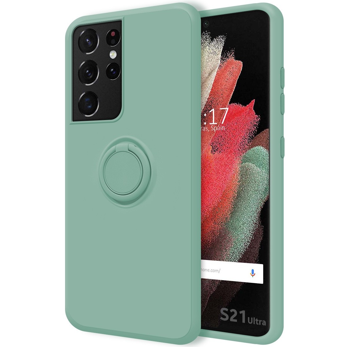 Funda Silicona Líquida Ultra Suave con Anillo para Samsung Galaxy S21 Ultra 5G color Verde