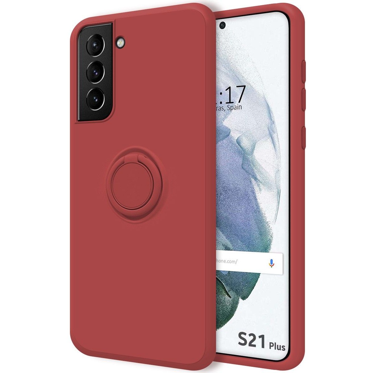 Funda Silicona Líquida Ultra Suave con Anillo para Samsung Galaxy S21+ Plus 5G color Rojo Coral