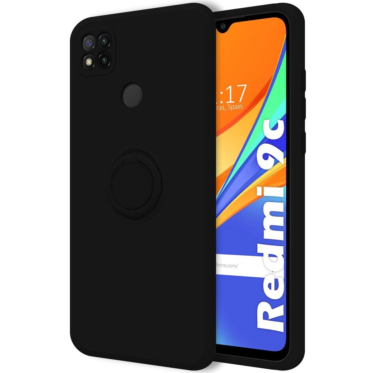 Funda Silicona Líquida Ultra Suave con Anillo para Xiaomi Redmi 9C color Negra
